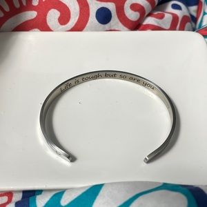 Stainless Silver Inspirational Cuff Bracelet - "Life is tough but so are you"